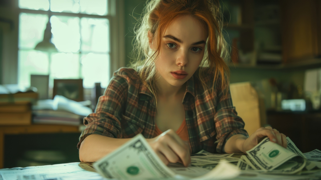 A young woman with reddish hair in a plaid shirt counts US dollar bills at a cluttered table in a dimly lit room.