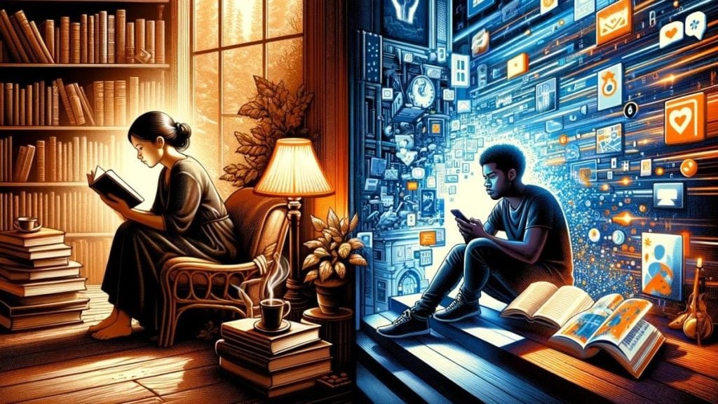 A woman reads a book in a cozy, lamp-lit room, while a man uses a smartphone surrounded by digital icons and screens; traditional and digital reading contrasted.
