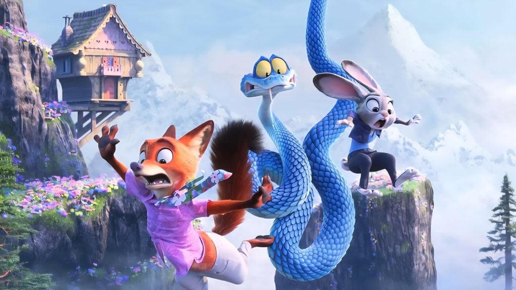 A fox, a blue snake, and a rabbit appear startled as they leap off a grassy cliff with mountains and a wooden house in the background.