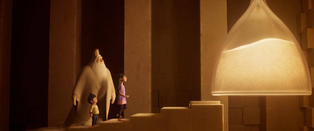 Three animated characters stand on stone steps, looking at a large glowing hourglass suspended in a vast, dimly lit chamber.