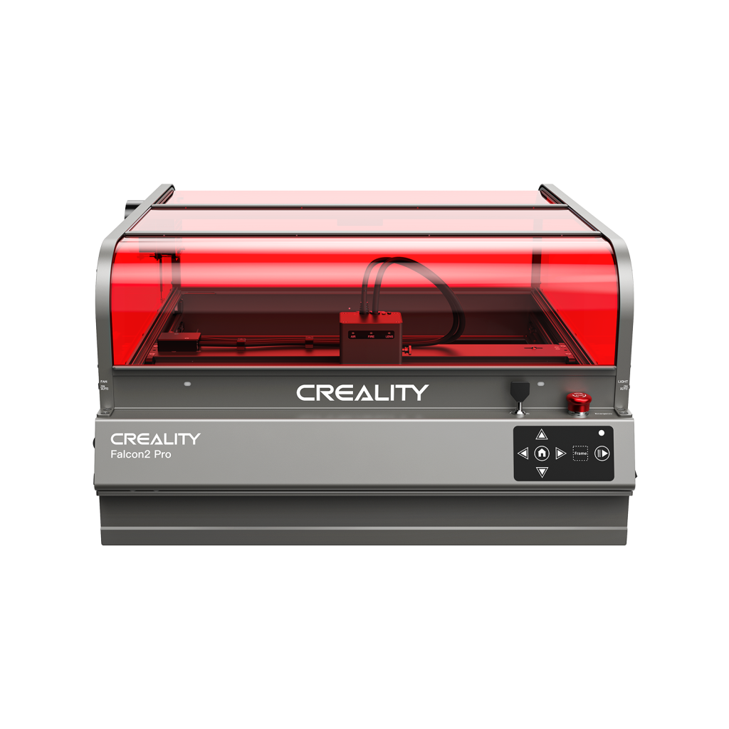 Creality Falcon2 Pro laser engraving and cutting machine with a red protective cover and control panel, shown on a white background.