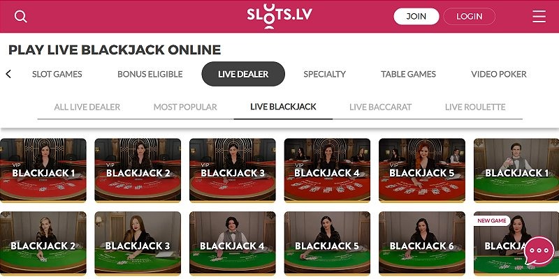 Screenshot of the Slots.lv website showing multiple live dealer blackjack tables, each hosted by a different dealer, under the "Live Blackjack" category.