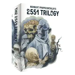 The book cover for "2551 Trilogy" features surreal illustrations of masked and skeletal figures, a brain, and a skeleton holding a puppet, set against a white background.