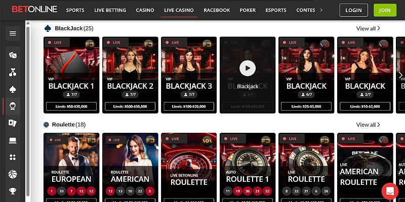 Screenshot of an online casino website showing live blackjack and roulette game options with betting limits and video dealer thumbnails.