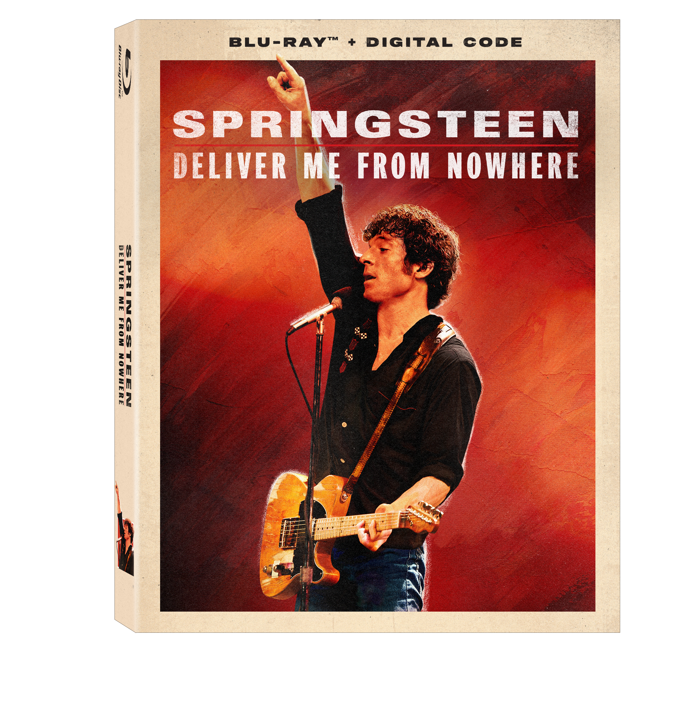 Box cover for "Springsteen: Deliver Me From Nowhere" Blu-ray and digital code, featuring Bruce Springsteen performing with a guitar and microphone against a red background.