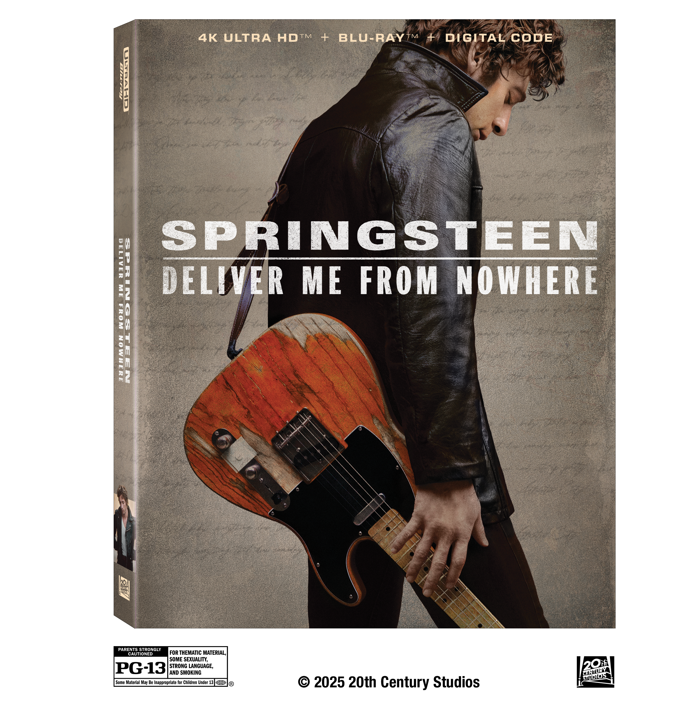 A 4K Ultra HD and Blu-ray box for "Springsteen: Deliver Me From Nowhere," featuring a person holding a guitar and wearing a leather jacket.