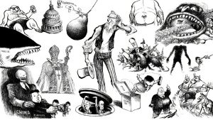 A black and white political cartoon collage featuring various caricatures, monstrous figures, politicians, and satirical depictions of global power dynamics and societal issues.