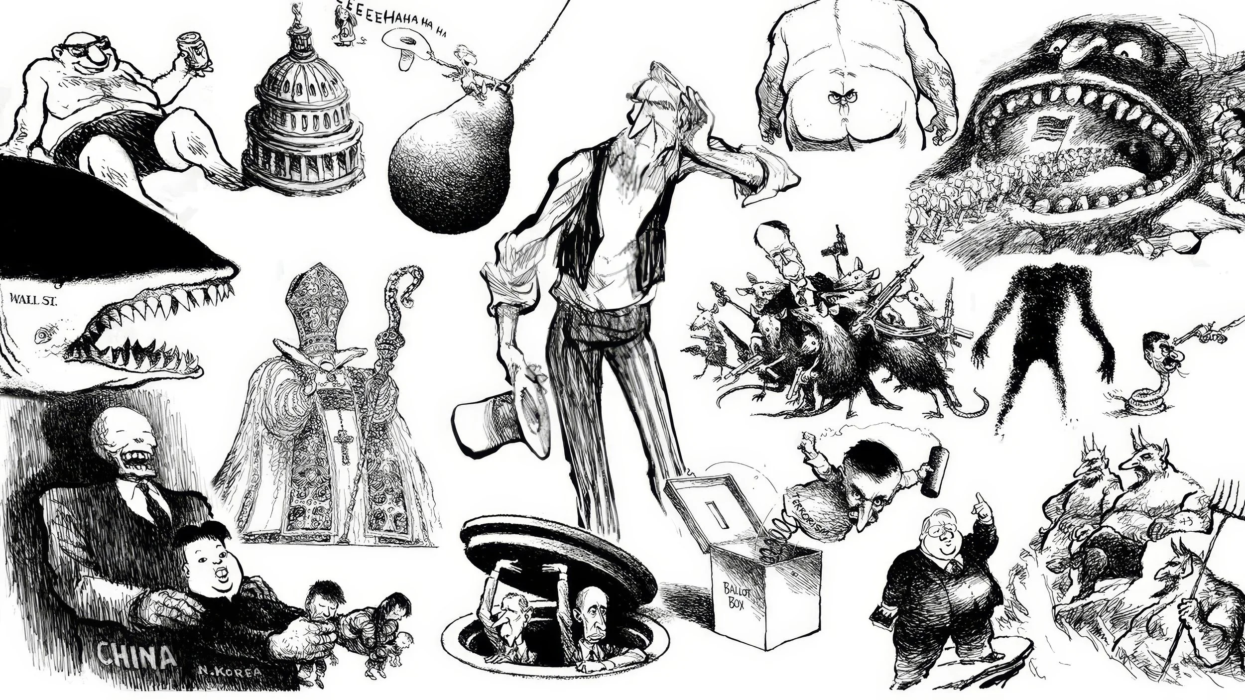 A black and white political cartoon collage featuring various caricatures, monstrous figures, politicians, and satirical depictions of global power dynamics and societal issues.