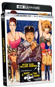 Blu-ray cover for "A Shot in the Dark" featuring illustrated characters, including a man in uniform with a magnifying glass, and two women in evening wear in the background.