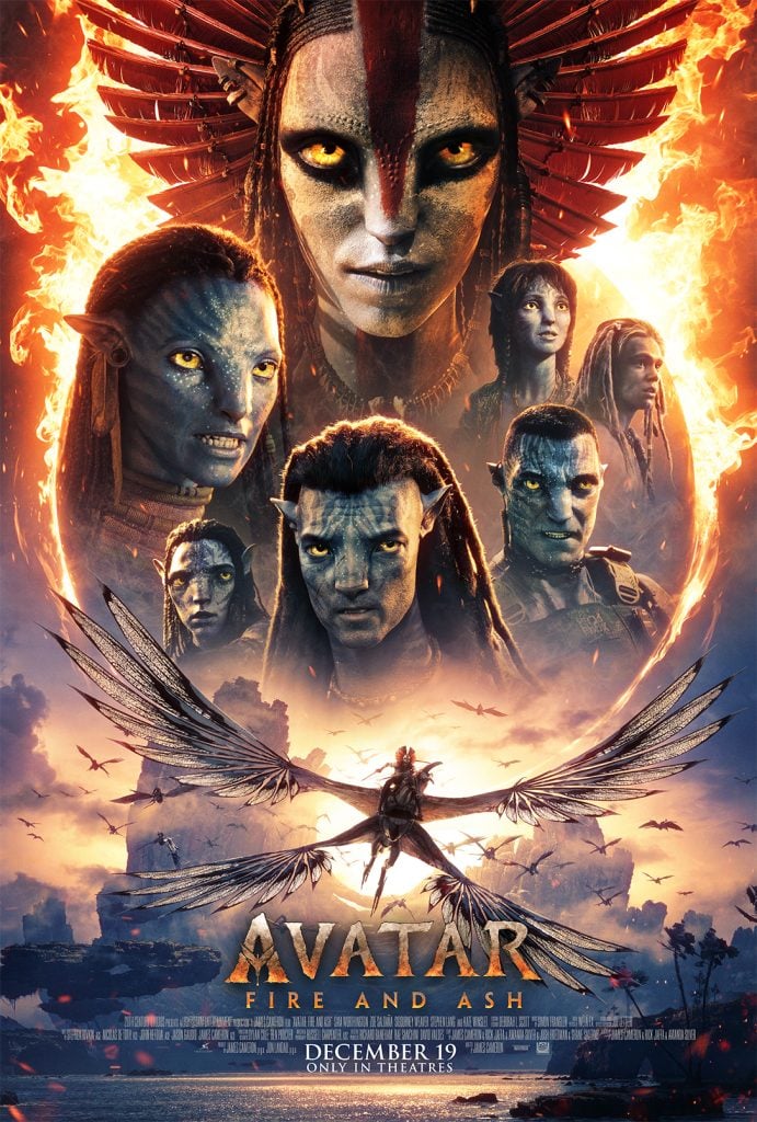 Avatar Fire and Ash theatrical poster featuring Na’vi warriors and fiery imagery