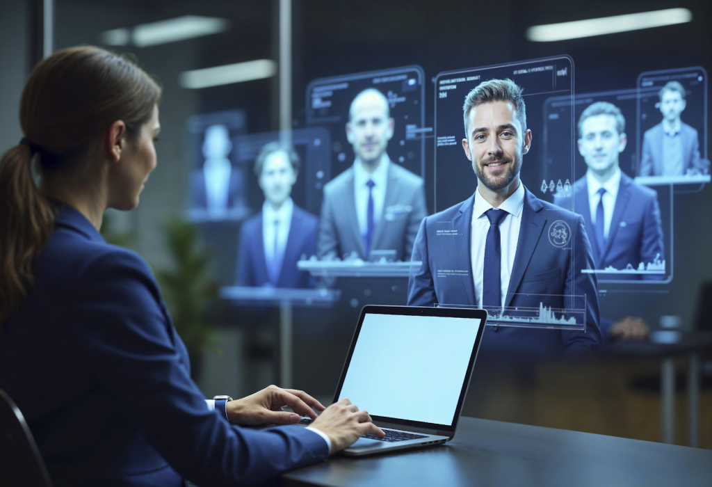 A woman at a desk uses a laptop while viewing virtual screens displaying business professionals in suits during a video conference.