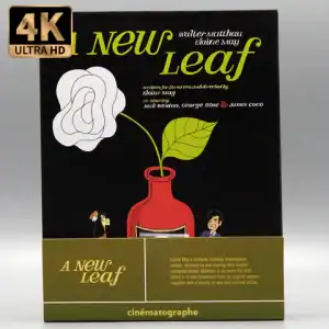 A 4K Ultra HD box of "A New Leaf" shows a stylized flower in a red vase with a man and woman on either side. Text includes cast, director, and a brief synopsis.
