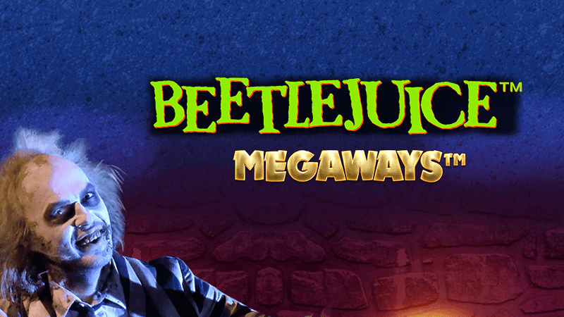 A spooky character with wild hair and dark eye makeup is beneath the text "Beetlejuice Megaways" on a dark, textured background.