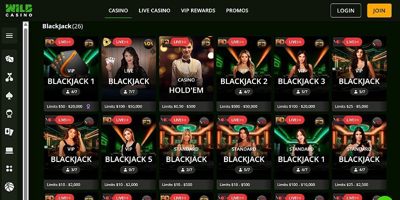 Screenshot of an online casino interface showing live dealer tables for Blackjack and Hold'em with betting limits and join buttons.