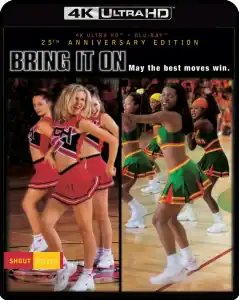 Cover of the "Bring It On" 4K Ultra HD + Blu-ray 25th Anniversary Edition featuring cheerleaders in red and green uniforms with the tagline, "May the best moves win.