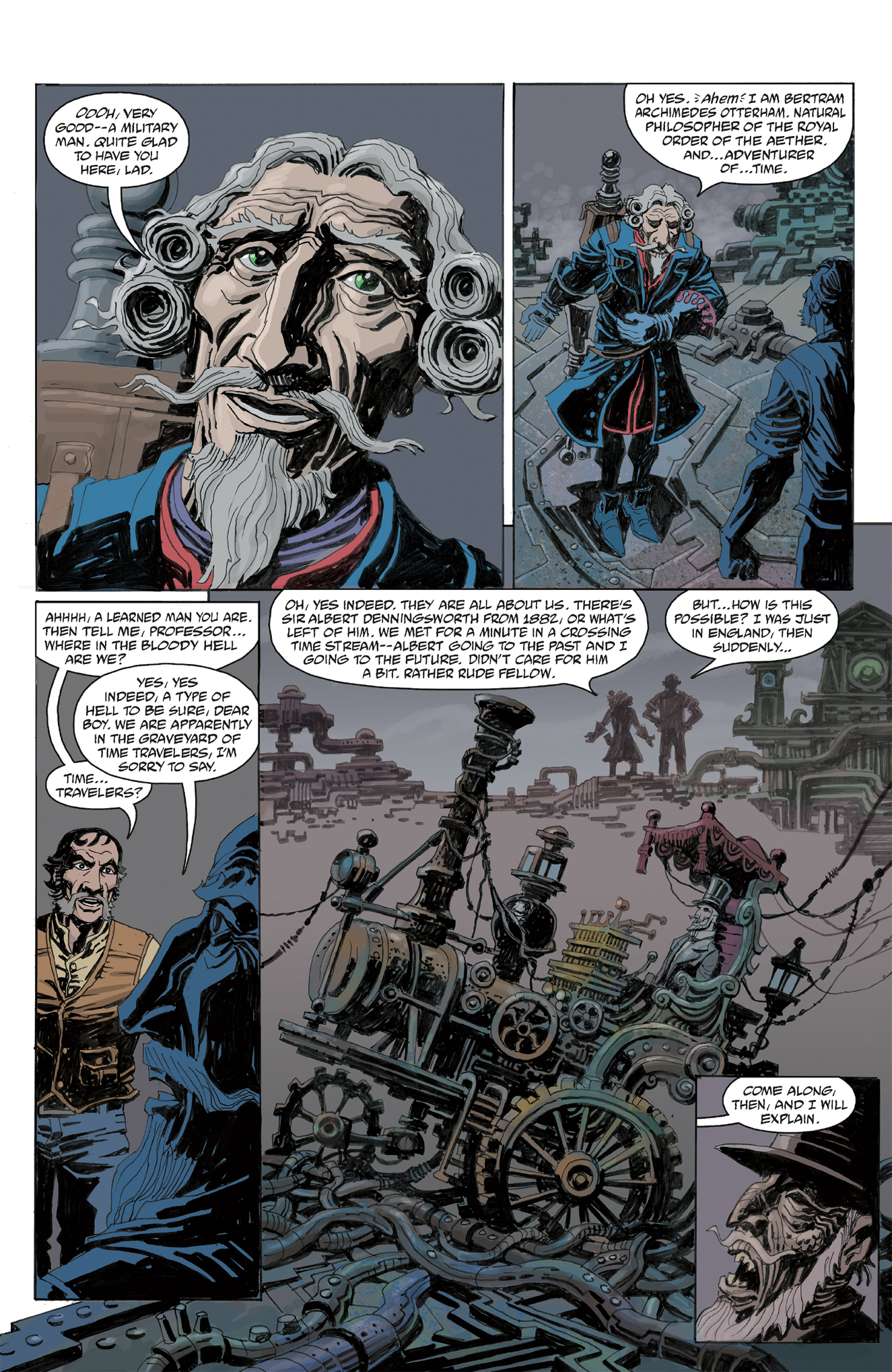 A man with curled gray hair speaks to another man in a futuristic setting with complex machinery and gears visible in the background.