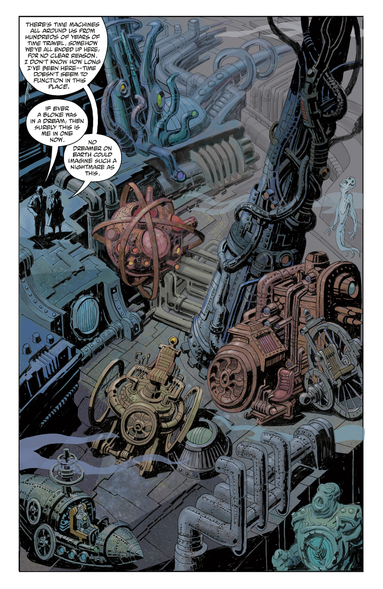 A futuristic laboratory with complex, mechanical machines, tubes, and cables; a floating humanoid figure glows in the background. Text bubbles discuss time machines and alternate realities.