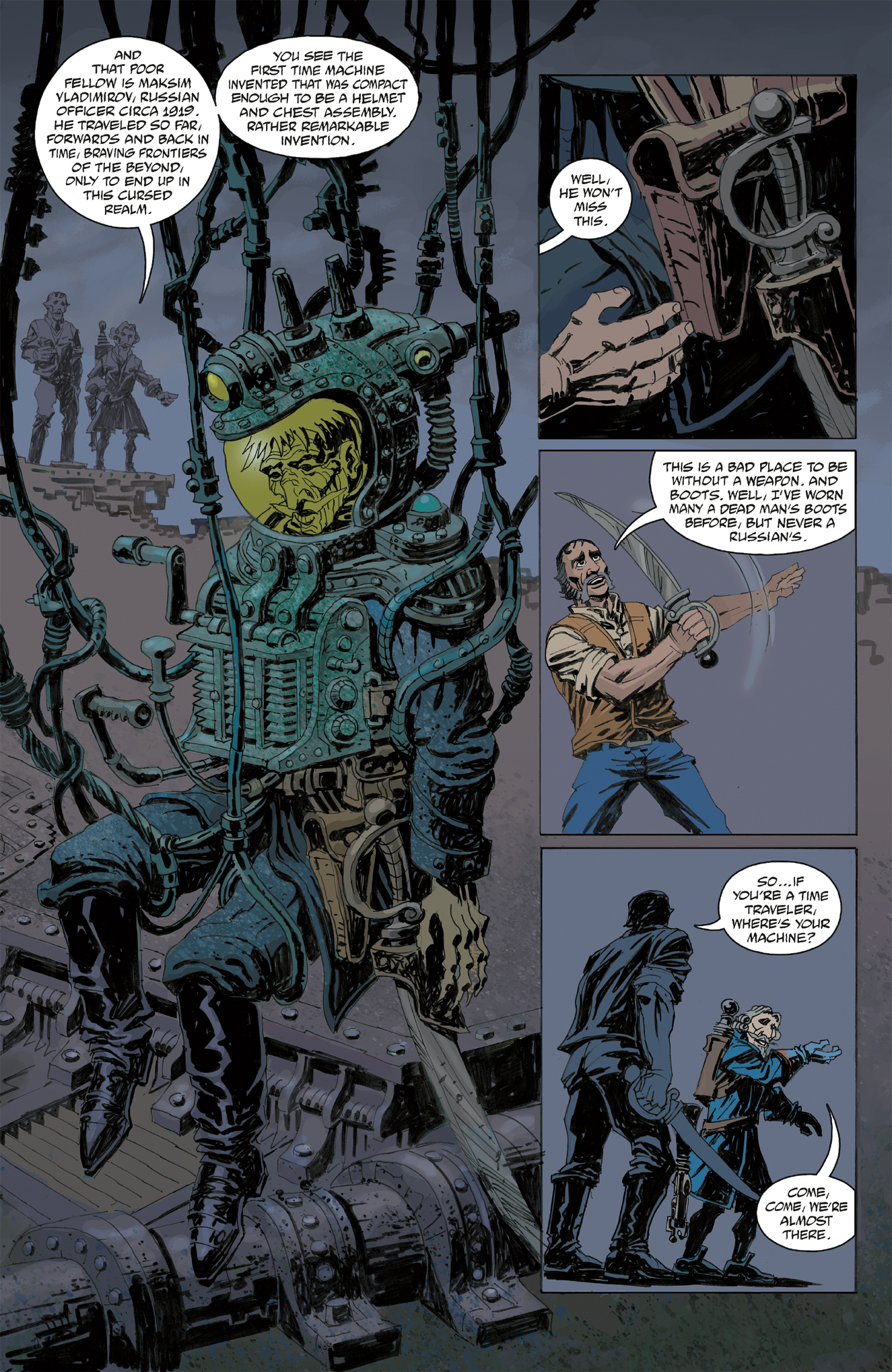 A cyborg-like figure is suspended by cables as two armed people approach; another man draws a sword while talking to a woman holding a blade.