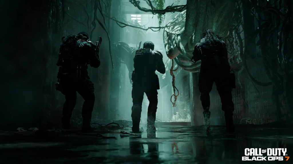 Three armed soldiers cautiously approach a large, menacing plant creature in a dark, overgrown corridor; "Call of Duty: Black Ops 7" logo appears in the corner.