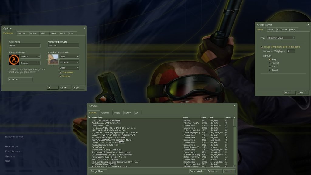 A computer screen shows the Counter-Strike 1.6 multiplayer menu, including options, server list, and create server window, overlaid on the game's background art.