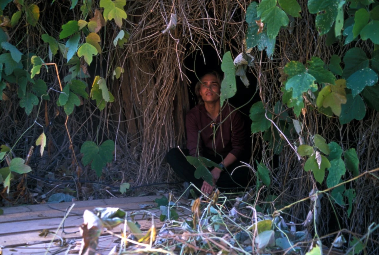 A person sits cross-legged at the entrance of a small hut or shelter made from dried branches and surrounded by green leaves.