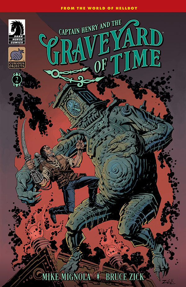 A man in rugged clothing battles a large clockwork monster in a graveyard on the cover of "Captain Henry and the Graveyard of Time" comic book by Mike Mignola and Bruce Zick.