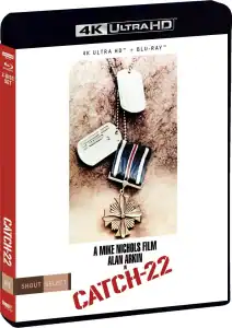 4K Ultra HD + Blu-ray box set of "Catch-22," featuring military dog tags and a medal on a person's chest, with text naming Alan Arkin and director Mike Nichols.