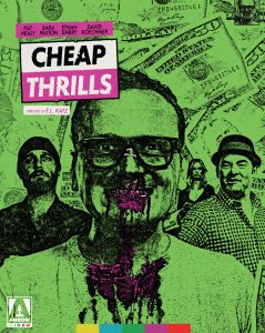 A movie poster for "Cheap Thrills" features four people against a green background with dollar bills, with the title in bold text and blood on the central figure's mouth.