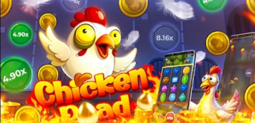 Cartoon chickens, gold coins, and mobile phones with slot games displayed. The text "Chicken Road" is in bold letters at the center surrounded by flames.