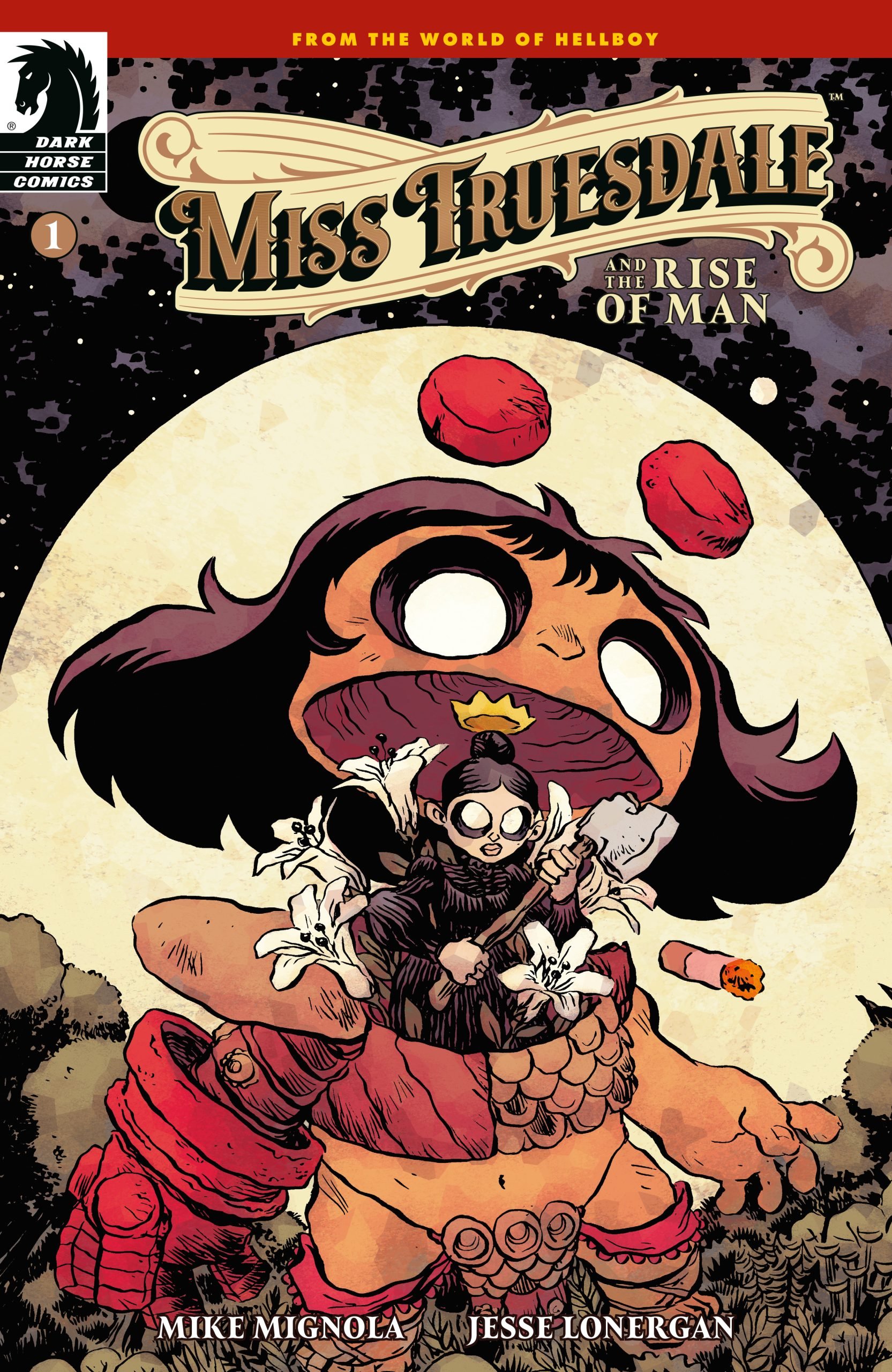 Comic book cover titled "Miss Truesdale and the Rise of Man" features a small woman with glasses riding a large, stylized creature. The background is a dramatic sky.