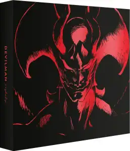 A stylized red illustration of a horned, demonic figure on a black background with the word "DEVILMAN" written vertically on the side.