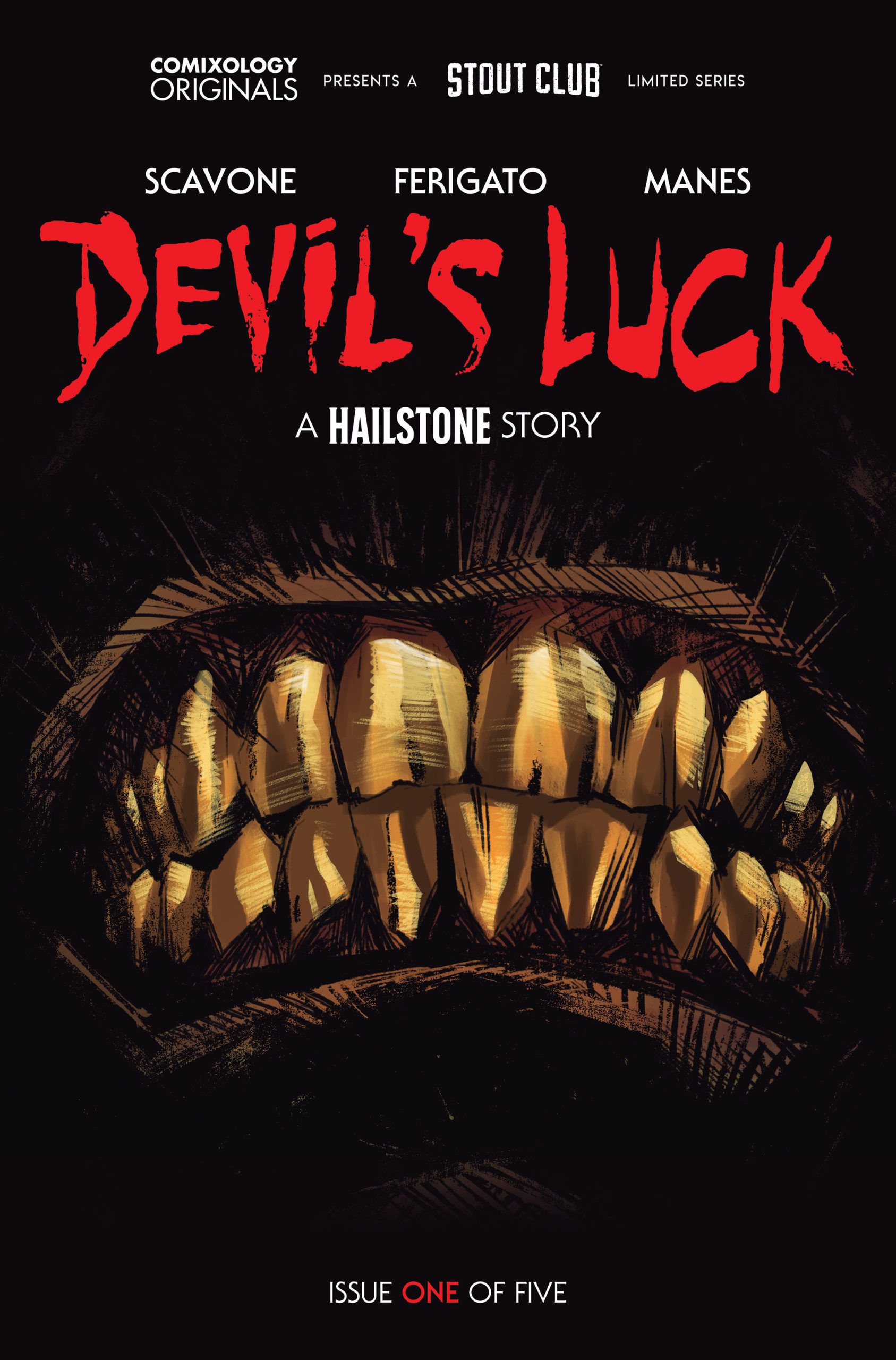 Comic book cover titled "Devil's Luck: A Hailstone Story" featuring large, menacing yellow teeth against a dark background. Issue one of five.