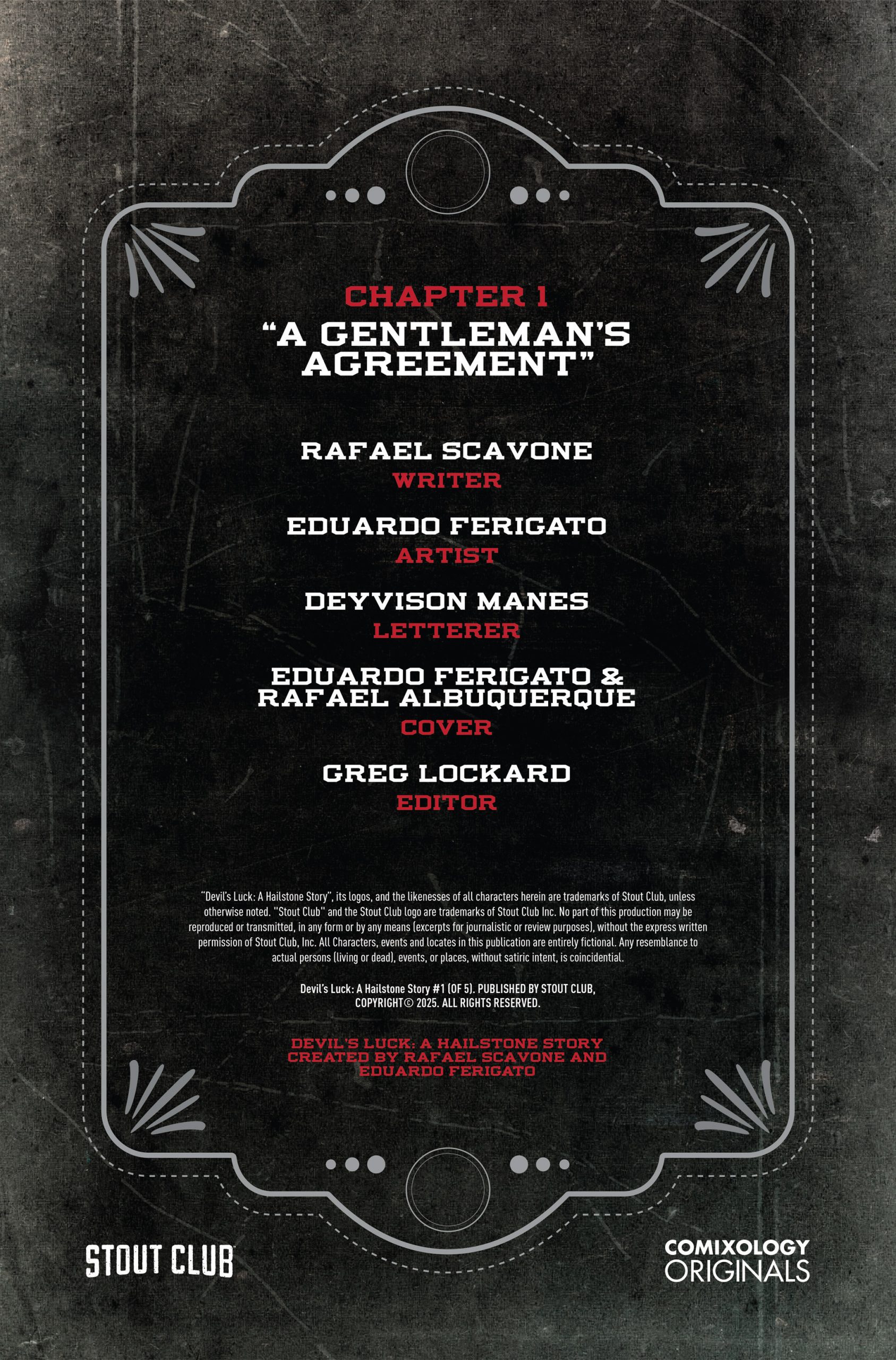 Chapter 1 credits page listing writer, artist, letterer, cover artists, and editor for "A Gentleman's Agreement" from the "Devil's Luck" comic by Stout Club and ComiXology Originals.