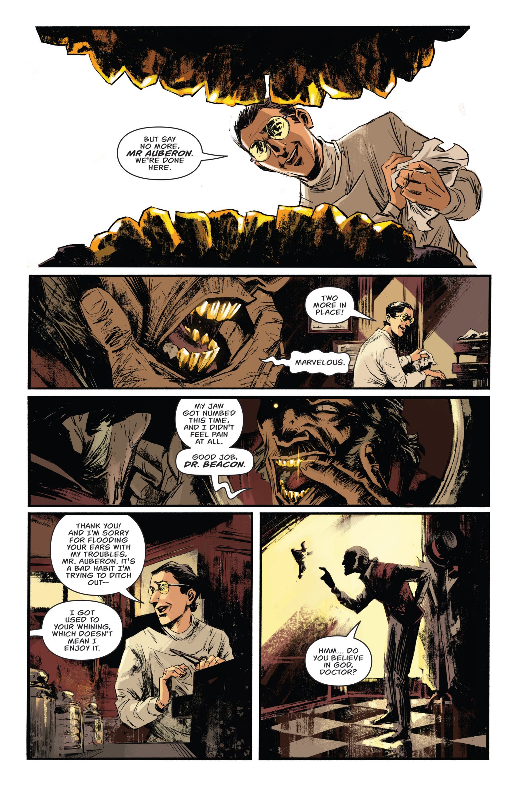 A scientist observes a large, toothy mouth in a dark lab, talking to it and taking notes as a mysterious silhouetted figure listens from a doorway.