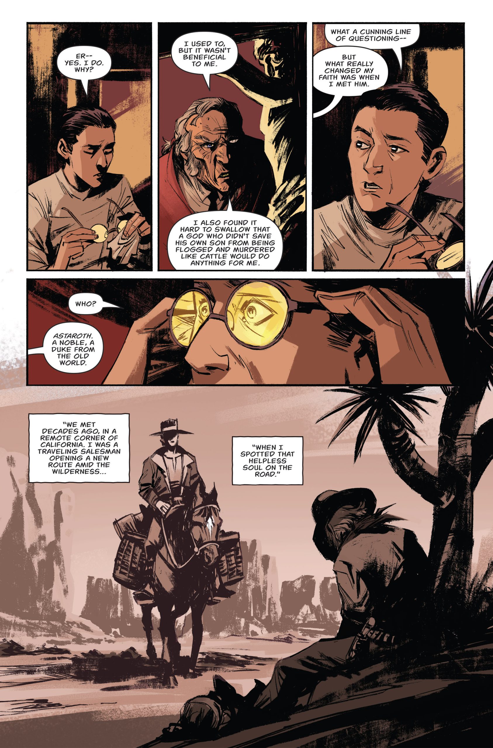 A person sits at a table talking to an older man in a bar; later, a lone rider approaches a figure sitting on the ground in a desert landscape with mountains and sparse vegetation.