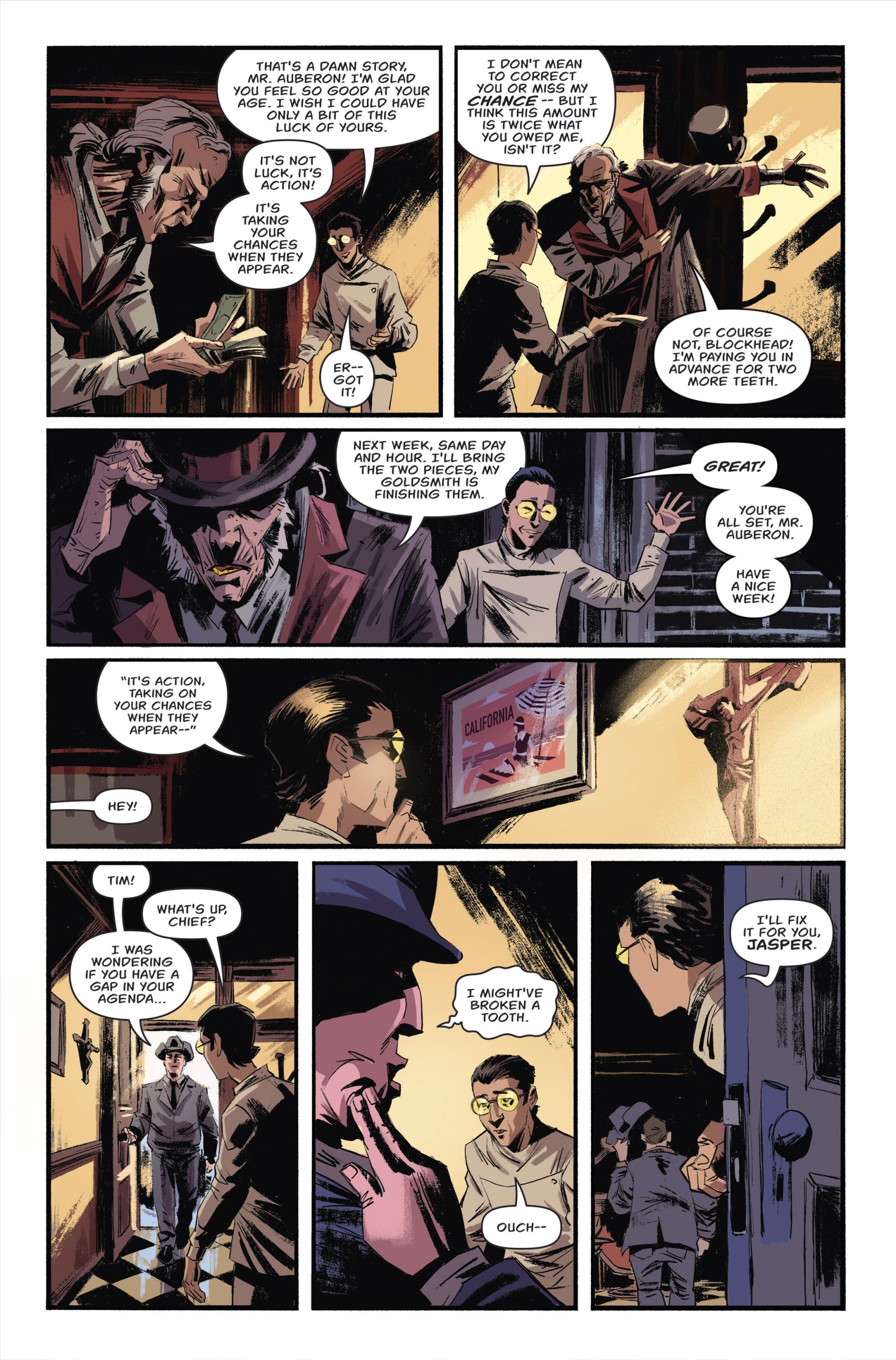 Three men in an office discuss a job while one stands near the door; a woman enters holding paperwork and later leaves as two men continue their conversation.