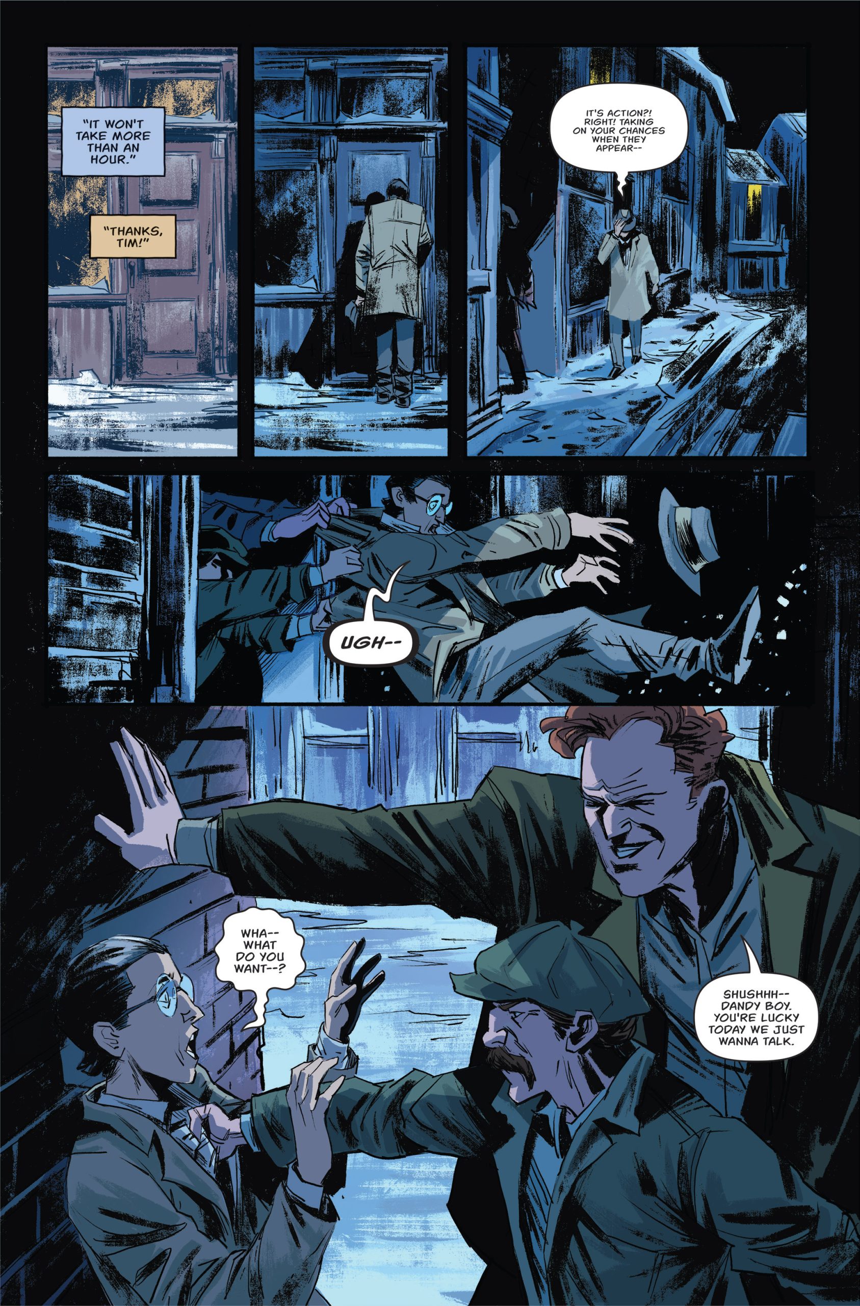 A man in a trench coat follows another through a snowy alley at night; suddenly, he is shoved against a wall and threatened by a third man wearing a cap.