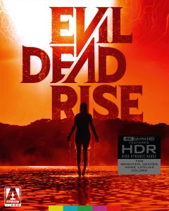 A silhouetted figure stands in a body of water with large red "Evil Dead Rise" text above; Arrow Video and 4K Ultra HD HDR logos are visible.