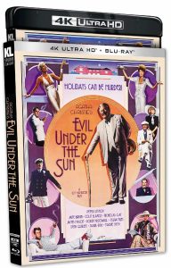 4K Ultra HD Blu-ray box for Agatha Christie's "Evil Under the Sun," featuring vintage-style artwork with characters and the tagline "Holidays Can Be Murder!.