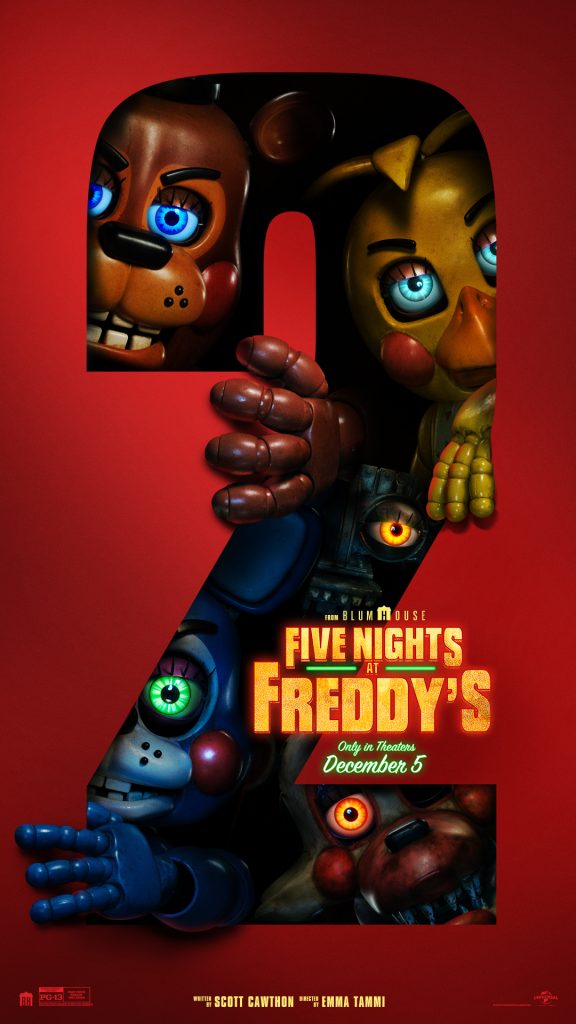 A red number 2 features animatronic characters peeking through its cutout, with text promoting "Five Nights at Freddy's," releasing in theaters December 5.