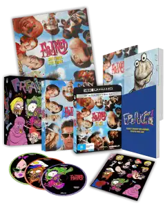 A collector’s edition set of the movie “Freaked” featuring a Blu-ray, DVD, illustrated booklets, character stickers, and colorful disc covers displayed together.