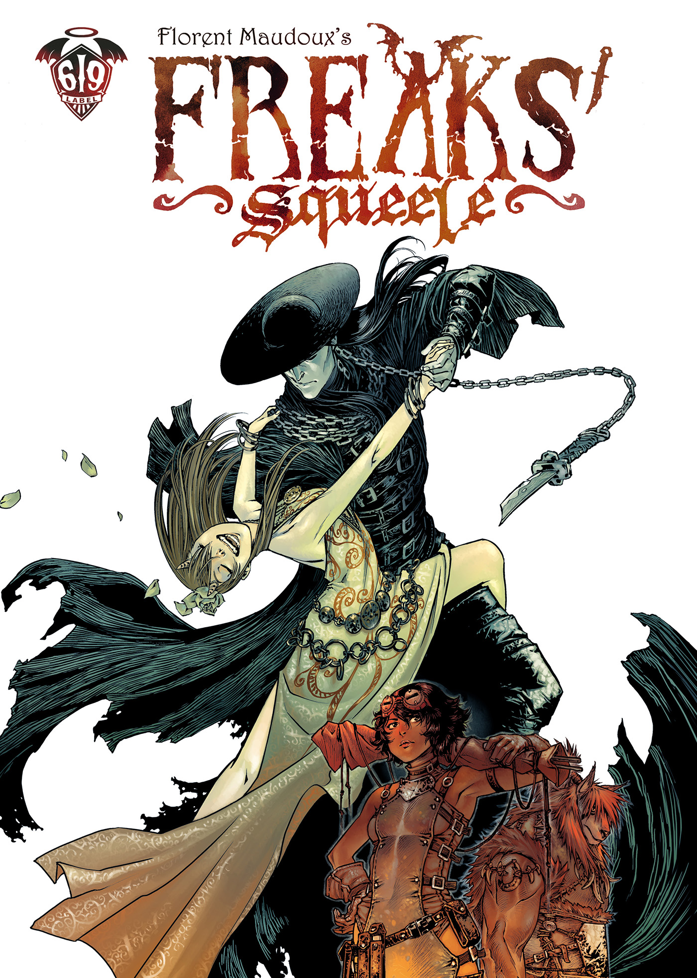 Comic book cover for "Freaks' Squeele" by Florent Maudoux, showing a masked figure dancing with a woman and another character standing with a large animal in the foreground.