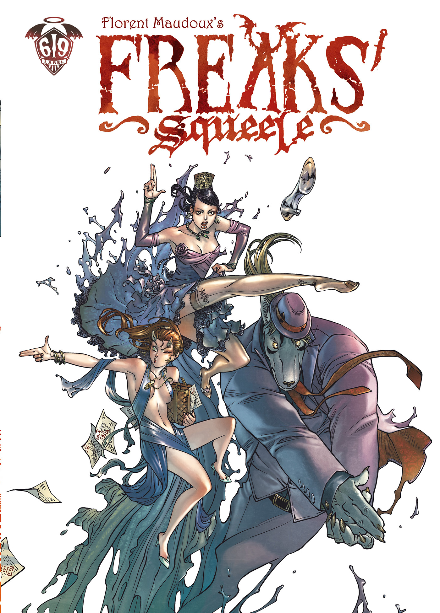 Comic book cover featuring a woman and a humanoid wolf in dynamic poses, with playing cards and vinyl records flying around them. The title "Freaks' Squeele" is displayed at the top.