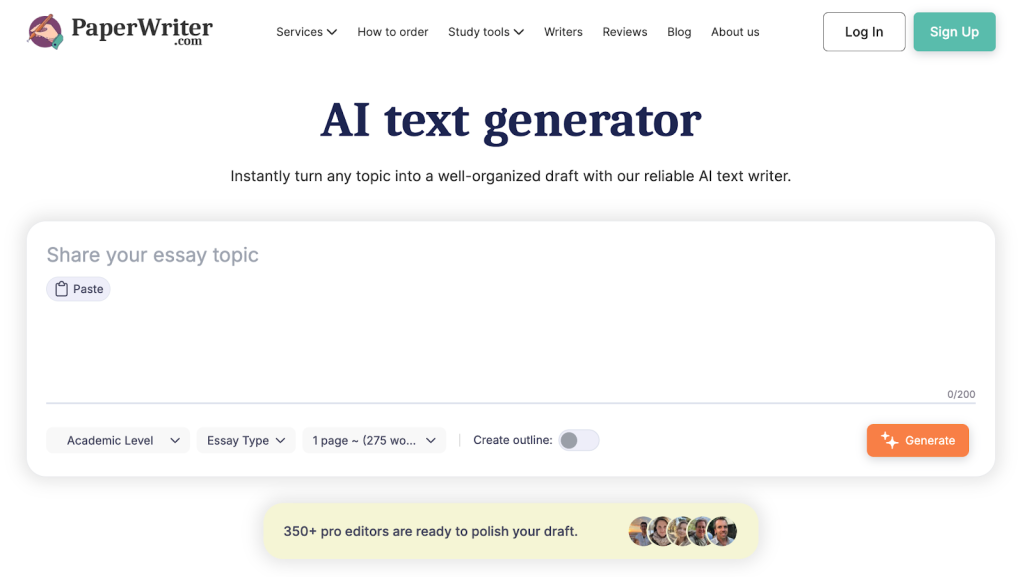 Screenshot of the PaperWriter AI text generator webpage with a text box for entering an essay topic and options for academic level, essay type, and length.