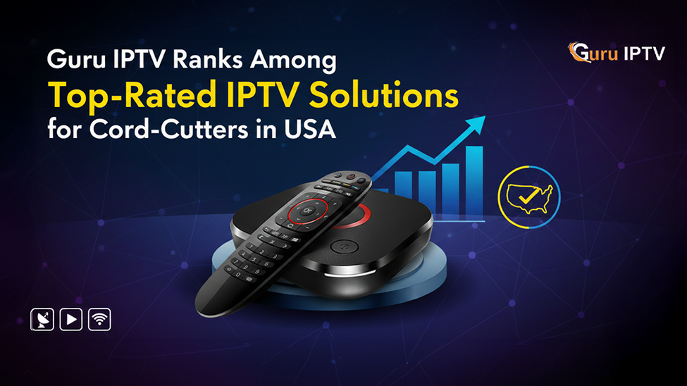 A Guru IPTV streaming box and remote are shown next to a rising graph, with text stating Guru IPTV is a top-rated IPTV solution for cord-cutters in the USA.