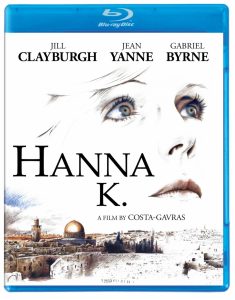 Blu-ray cover of the film "Hanna K." featuring a woman's face, cast names, and an illustrated cityscape with a prominent golden dome.
