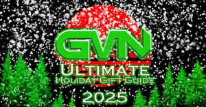 Green text reading "GVN Ultimate Holiday Gift Guide 2025" appears in front of red and black circles, snow, and green trees.