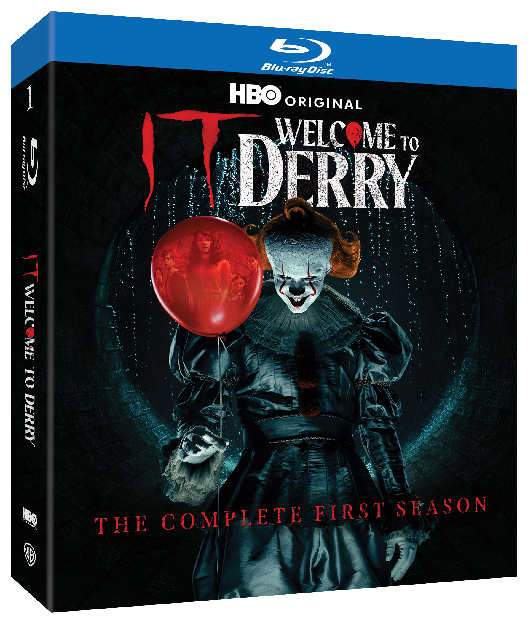 Blu-ray cover of "Welcome to Derry: The Complete First Season" features Pennywise holding a red balloon, with the HBO Original and Warner Bros. logos displayed.