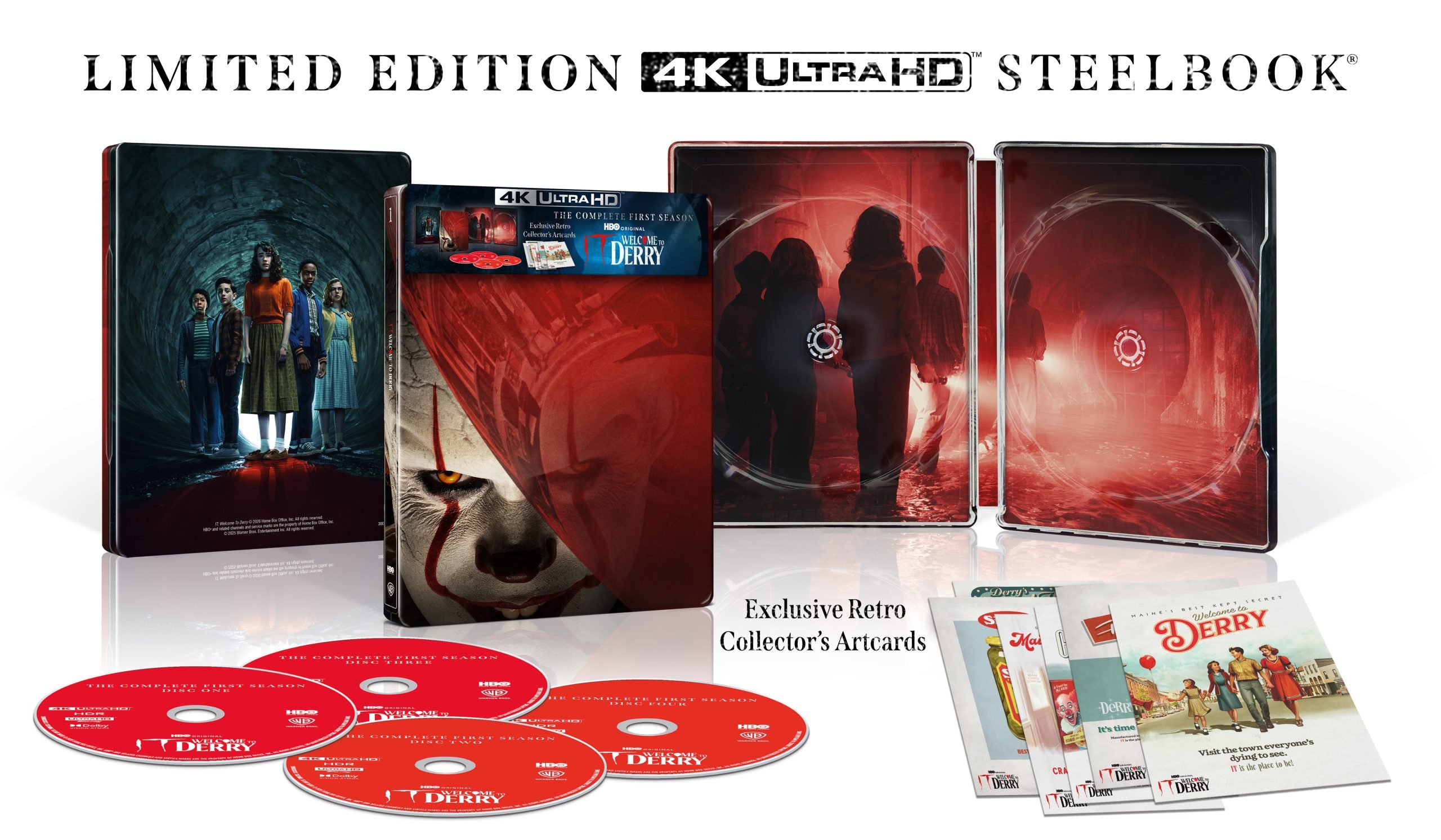 Limited edition 4K Ultra HD Steelbook set of "It Chapter Two," showing steelbook cases, four red discs, and exclusive retro collector’s art cards.