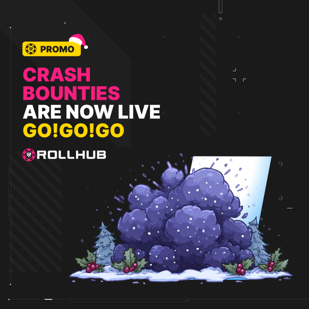 A promo ad for Rollhub announcing "Crash Bounties are now live," featuring bold text, a cartoon explosion, and a snowy background with small bushes.